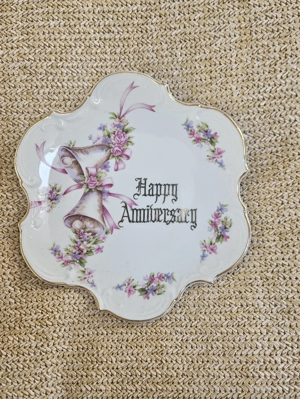 Happy Anniversary Decorative Ceramic Plate - White with Pink Floral Design